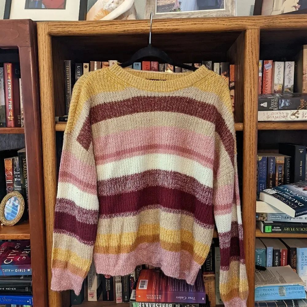 SANCTUARY crew neck striped knit sweater pink purple tan & white sz large nwt